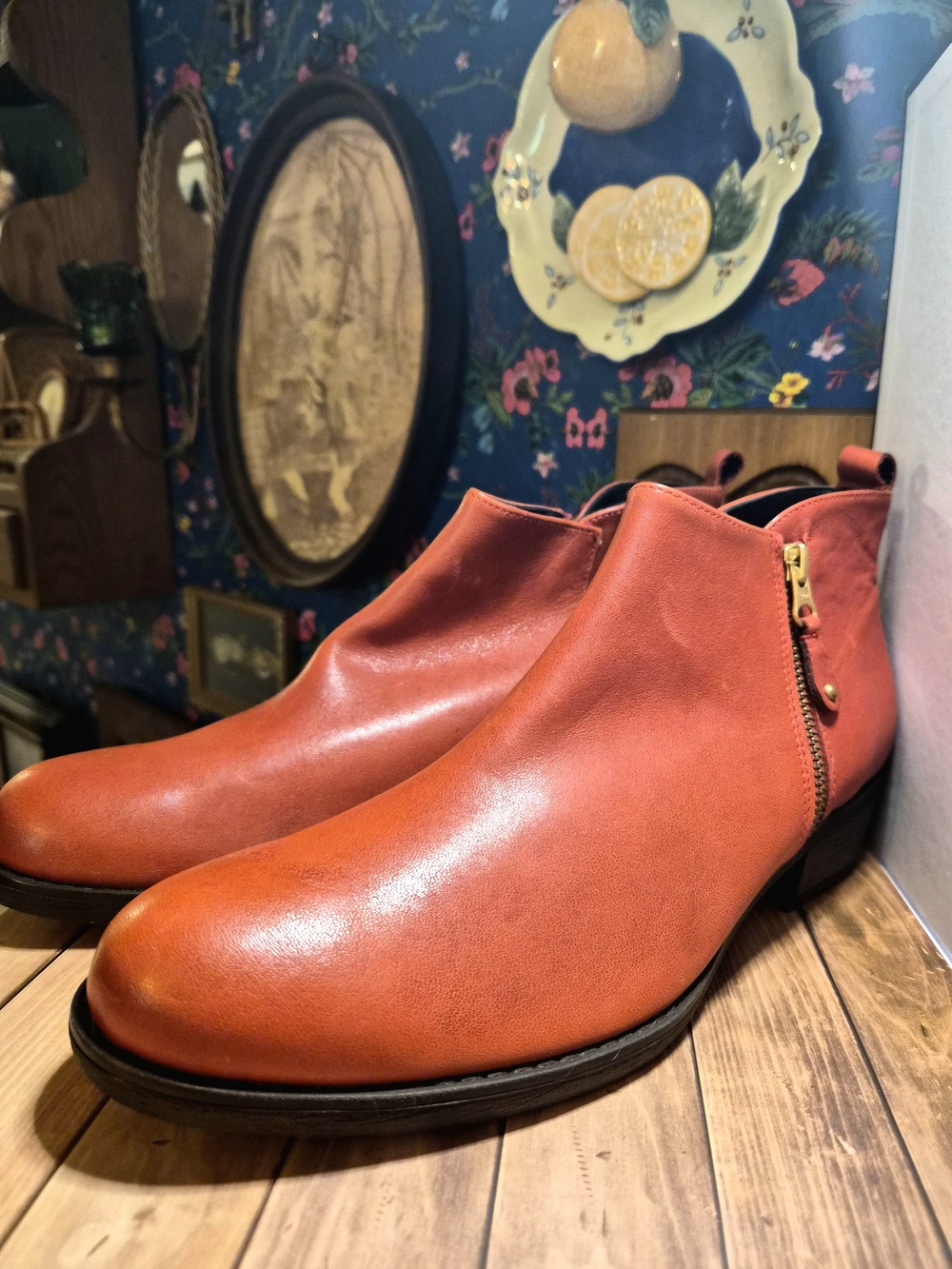 Eric Michael Orange Leather Ankle Booties with Side Zip 42